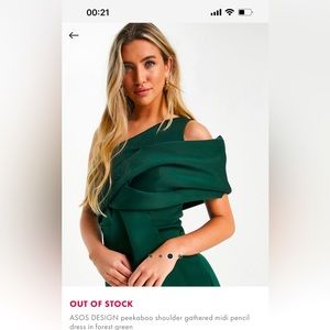 Asos Design Peekaboo shoulder gathered midi pencil dress in forest green. US 10